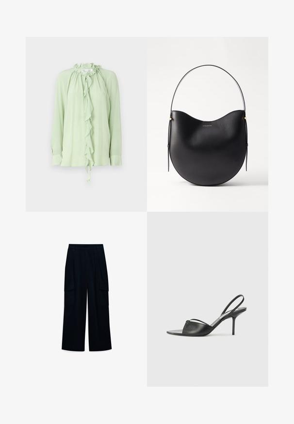 Šviesiai žalia palaidinė su ilgomis rankovėmis, raukšlėta kaklo linija ir priekinėmis kaskadomis. Pagaminta iš lygaus, plaukuojančio audinio.; Plati kojinės, aukšti juosmeniu, tamsiai mėlynos spalvos audinio. Su klostėmis ir dviem šoninėmis kargo kišenėmis. Lygi tekstūra su tvarkingu dizainu.; Juodos odinės slingback aukštakulnės bateliai su smailiu priekiniu galu, plona kulkšnies juostele ir stiletto kulnu. Papuošti mazginio detalė vampyro dalyje.; Juodas odinis peties krepšys su kreiviu kontūru, plona rankena ir subtiliais auksiniais akcentais. Lygaus paviršiaus su minimalistiniu dizainu.