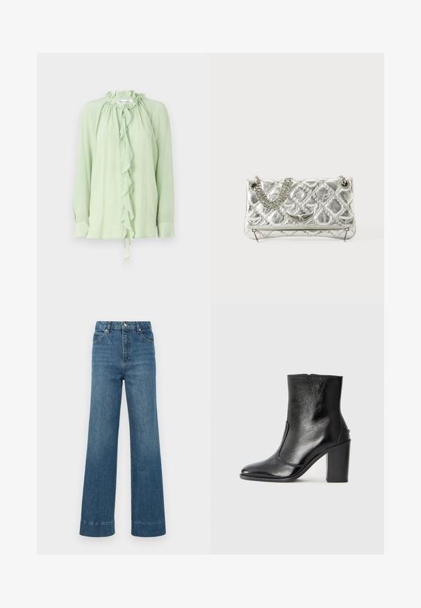 Světle zelená blůza s dlouhými rukávy, volánkovým výstřihem a předními kaskádovými volány. Vyrobena z hladkého, splývavého materiálu.; Modré džíny s širokými nohavicemi mají vysoký pas, pět kapsičkový design a třepený lem. Tkanina má hladkou texturu s lehkým vyblednutím.; Černé kožené kotníkové boty s hladkou texturou, špičatou špičkou a robustním vysokým podpatkem. Mají boční otvor a minimalistický design.; Stříbrná metalická kabelka s řetízkem, prošívanou texturou, dekorativním stehem a zipovým uzávěrem. Obsahuje embosované detaily na přední straně.