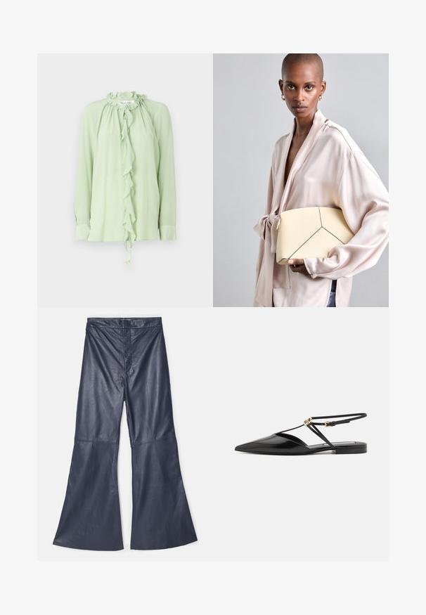 Šviesiai žalia palaidinė su ilgomis rankovėmis, raukšlėta kaklo linija ir priekinėmis kaskadomis. Pagaminta iš lygaus, plaukuojančio audinio.; Tamsiai mėlynos odinės plačios kelnės su aukštu juosmeniu, pasižyminčios lygiu paviršiumi ir elegantiškais siuvimo detalėmis šoninėse siūlėse.; Victoria Beckham Sandalai - black; Kreminė struktūruota rankinė su kontrastingais juodais siūlėmis, turinti geometrinį dizainą. Lygus paviršius su auksiniais aksesuarais.