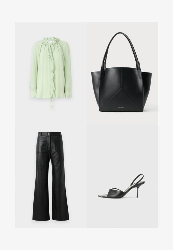 Lys grøn bluse med lange ærmer, flæsekrave og frontflæser, der falder. Lavet af et glat, flydende stof.; Sorte læder bukser med bred ben, frontlommer og knaplukning. Materialet er glat med en let glans og synlige sømdetaljer.; Sorte læder slingback stilethæle med spidse tæer, tynd ankelrem og stilettohæle. Har en knyttet detalje på vamps.; Sort læder tote taske med et geometrisk design, udstyret med to håndtag og gyldent brand på forsiden. Glat tekstur og struktureret form.