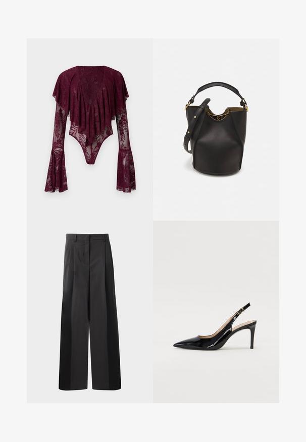 Burgundy lace bodysuit with flutter sleeves, featuring floral patterns, plunging neckline, and sheer texture. Snap closure at the bottom.; Black wide-leg trousers with a high waist, featuring front pleats, a smooth texture, and a tailored finish. Designed for a relaxed fit.; Black patent leather slingback pump with pointed toe, slim heel, and a subtle cutout design. Features a gold buckle on the strap.; Black leather bucket bag with a textured finish, gold hardware accents, and an open top. Features a short handle and adjustable shoulder strap.