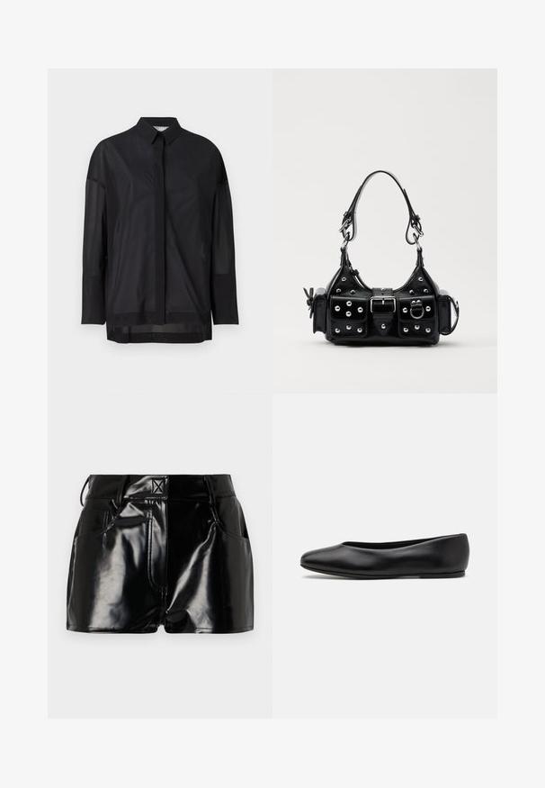 Black long-sleeve shirt featuring a button-up collar, sheer fabric, straight cut, and subtle texture with a front placket design.; Black, glossy shorts made of synthetic material. Features a fitted waist, belt loops, and front pockets with prominent stitching details.; Paul Smith TOPANGA - Ballet pumps - black; Black leather handbag with a curved design, featuring silver studs, a buckle, and two side pockets. Adjustable strap for carrying options.