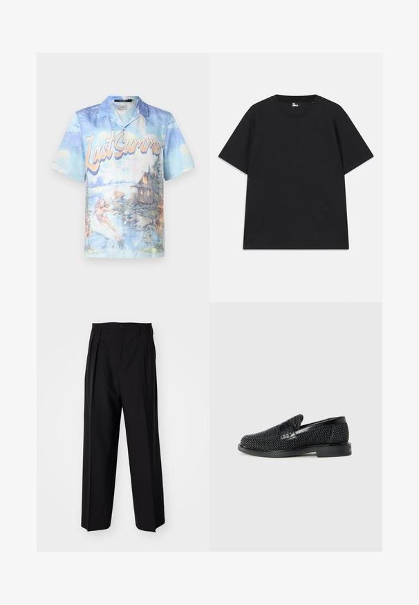 Camicia a maniche corte con bottoni caratterizzata da una stampa paesaggistica blu e pastello con il testo "Ultima Estate", che raffigura acqua e una cabina.; T-shirt nera a maniche corte in cotone, con scollo rotondo e un piccolo logo vicino all'orlo. Tessuto liscio, vestibilità regolare.; Pantaloni neri a pieghe con un design dritto e gamba larga. Realizzati in tessuto morbido, con chiusura a bottone e passanti per cintura.; Scarpa nera a mocassino intrecciata con un accentuato in pelle liscia sulla parte superiore, design a punta rotonda e suola in gomma a profilo basso.