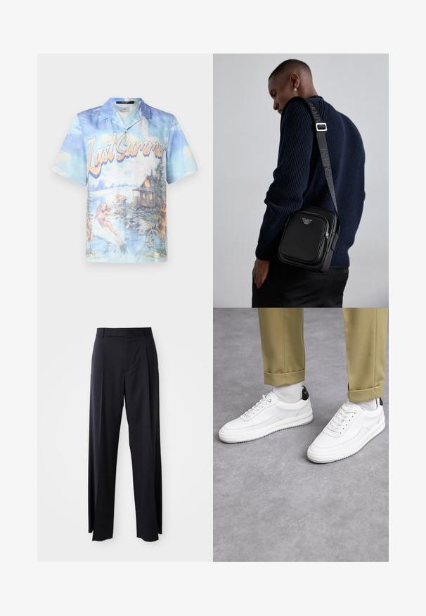 Koszula z krótkim rękawem z guziczkami, zdobiona niebieskim i pastelowym nadrukiem krajobrazu z napisem "Ostatnie lato", przedstawiająca wodę i domek.; Czarne, wysokie spodnie o szerokim kroju, wykonane z gładkiego materiału. Posiadają zakładki z przodu i paski na pasek. Minimalistyczny design, bez widocznych elementów metalowych.; Białe sneakersy z fakturowaną skórzaną wykończeniem, okrągłym noskiem i czarnym akcentem na pięcie. Gumowa podeszwa z małym wzorem bieżnika i przeszyciem.; Czarna skórzana torba na ramię z zamykaną kieszenią, detalem z logo i regulowanym paskiem z logo. Nosi ona na tle teksturowanego granatowego swetra.