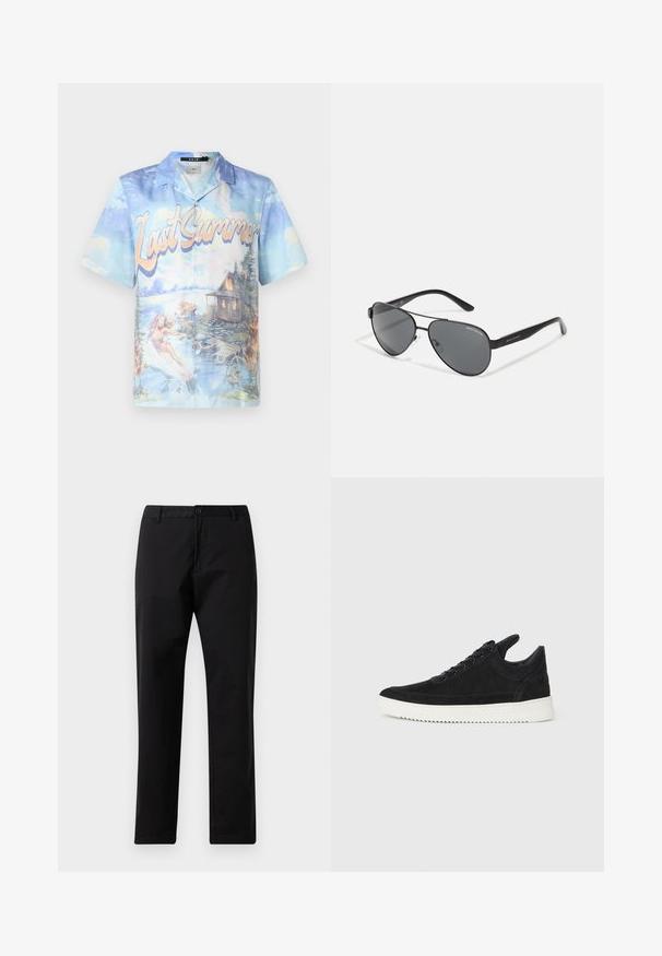 Lühikeste varrukatega nööbiga särk, millel on sinine ja pastellne maastiku trükk koos tekstiga "Viimane suvi", kujutades vett ja cabin'it.; Mustad sirged džinsid, millel on nupp ja lukuga kinni panemine, vöökohad ja eesmine taskud, esitatud valgel taustal.; Must mustel kingad valge kummist tallaga, millel on toon-toonis õmblused ja paeltega disain. Sile tekstuur ja moodne, voolujooneline kuju.; Mustad aviator-prillid tumedate läätsede, õhukese metallraami ja saledate plastikvarsadega, millel on logo aktsendid.