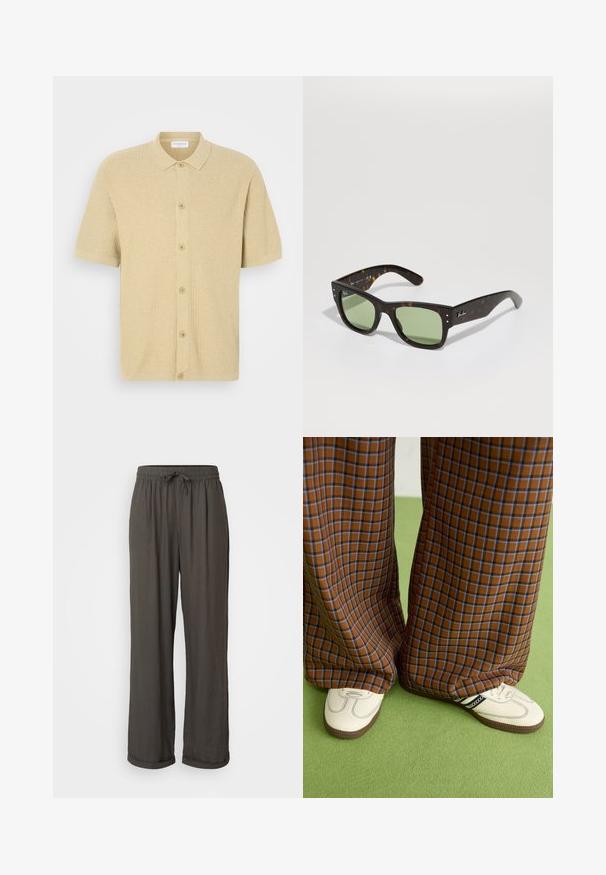 Polo majica s kratkimi rokavi v svetlo bež barvi, izdelana iz teksturirane tkanine. Ima gumbasto zapiranje spredaj in klasičen ovratnik.; Temno siva široka hlače z elastičnim pasom, izdelane iz mehke, strukturirane tkanine, z zavihanimi manšetami na gležnjih.; Rjave in modre kariraste hlače širokih nogavic, v kombinaciji z belimi čevlji, ki imajo črne poudarke in teksturirane podplate, na zeleni podlagi.; Rjave žirafaste sončne očala z zelenimi lečami, kvadratne oblike in kovinskimi detajli. Imajo logo na levem ušesu. Matt zaključek.