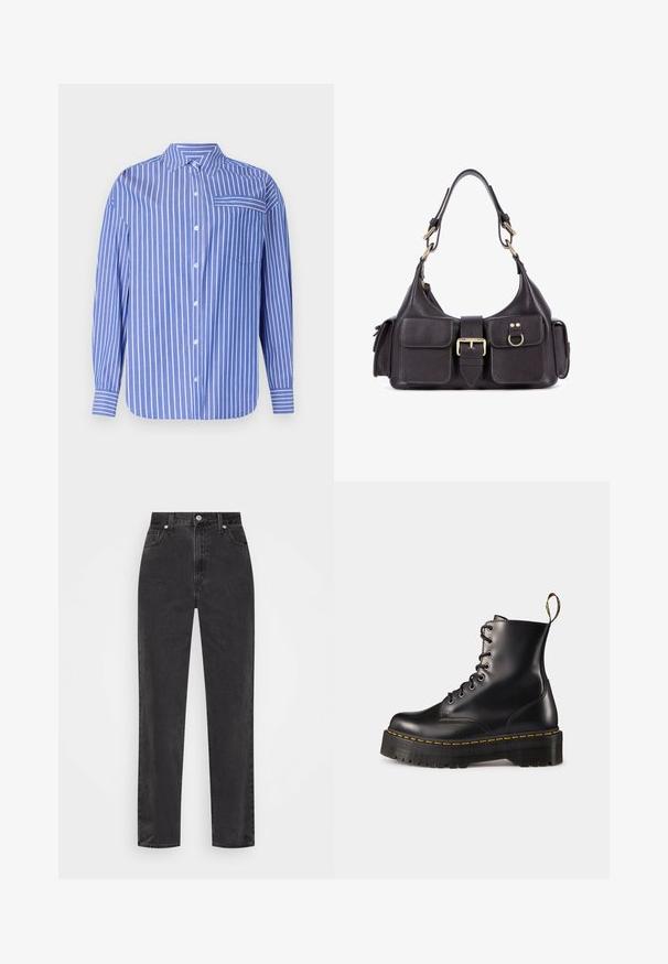 Niebiesko-biała pasiasta koszula zapinana na guziki z kołnierzykiem, długimi rękawami, przednią kieszenią oraz lekko zaokrąglonym dołem. Wykonana z miękkiego materiału.; Czarna bawełniana koszulka z okrągłym dekoltem, z grafiką żółtego zachodu słońca i białym napisem "CARNE HOTEL" z przodu.; Czarne dżinsy o prostych nogawkach z wysokim stanem, z przodem zapinanym na guzik i zamek, oraz pięcioma kieszeniami na białym tle.; Czarne skórzane buty za kostkę z sznurówkami, z masywną czarną podeszwą i żółtym przeszyciem. Posiadają pętelkę z tyłu oraz okrągłe metalowe oczka.; Czarna skórzana torebka z dwoma przednimi kieszeniami, centralną klamrą i złotymi detalami. Gładka faktura z zaokrąglonym kształtem.