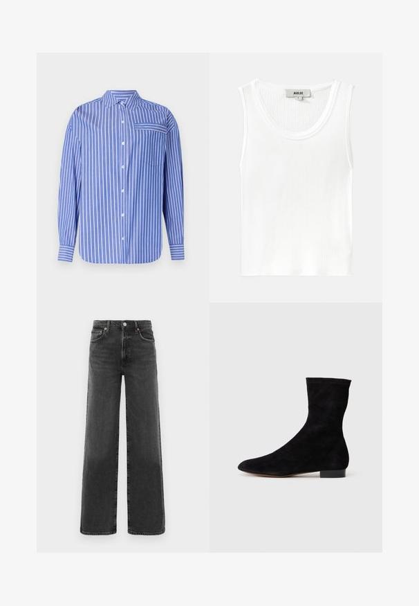 Modrá a biela pruhovaná košeľa na gombíky s golierom, dlhými rukávmi, prednou vreckom a mierne zaobleným lemom. Vyrobená z mäkkej textílie.; Biely rebrovaný top bez rukávov s okrúhlym výstrihom a širokými ramennými popruhmi, s etiketou označenou "AGOLDE" a veľkosťou "S."; Čierne džíny s vysokým pásom a rovnými nohavicami, s predným gombíkom a zipsom, dvoma prednými a dvoma zadnými vreckami.; Čierne semišové členkové topánky s priliehavým zvrškom, špicatou špičkou a nízkym blokovým opätkom. Hladká textúra a minimalistický dizajn, vhodné na všestranné kombinovanie.