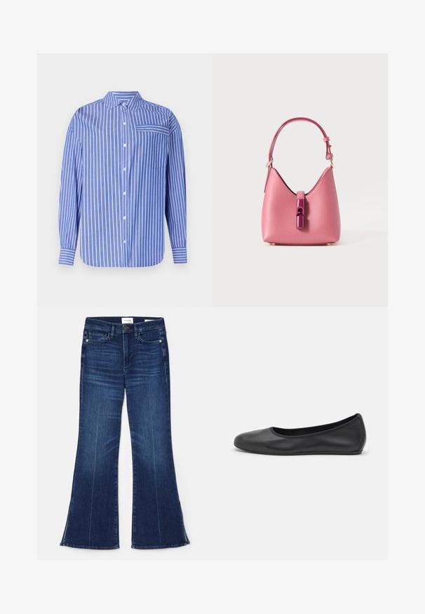 Camisa de botones a rayas azul y blanca con cuello, mangas largas, un bolsillo frontal y un dobladillo ligeramente redondeado. Confeccionada en tejido suave.; Vaqueros acampanados de color azul oscuro, hechos de mezclilla. Presentan una cintura alta, bolsillos frontales y detalles de abertura en el dobladillo. Diseño clásico de cinco bolsillos.; Bailarina de piel negra con punta redondeada, textura suave, detalle de costura minimalista y diseño de suela flexible.; Bolso de cuero rosa con una forma estructurada, que presenta un cierre de acento brillante y una sola correa ajustable. Acabado texturizado con herrajes dorados.