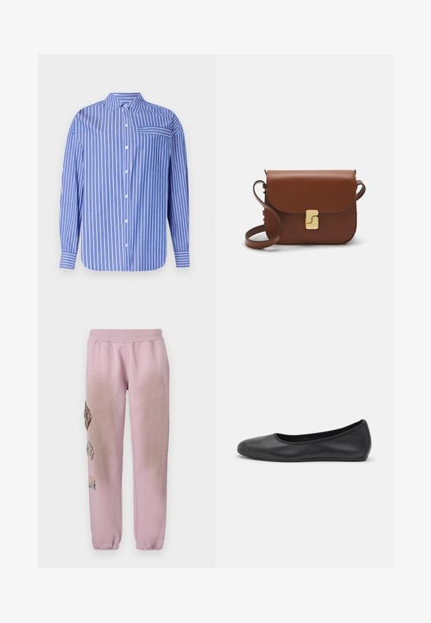 Modrá a bílá pruhovaná košile na knoflíky s límcem, dlouhými rukávy, přední kapsou a mírně zaobleným spodním okrajem. Vyrobena z měkké tkaniny.; Růžové tepláky s elastickým pasem, které mají dekorativní nášivky ve tvaru diamantů na levé straně a elastické manžety u kotníků.; Černé kožené baletní byty s kulatou špičkou, hladkou texturou, minimálními švy a flexibilním designem podrážky.; Hnědá kožená kabelka s klopou, zlatými kovovými detaily, ramenním popruhem a hladkým povrchem. Kompaktní obdélníkový tvar.