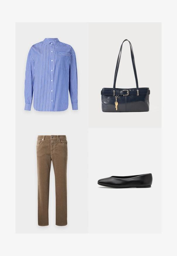 Chemise à rayures bleues et blanches à col, à manches longues, avec une poche sur le devant et un ourlet légèrement arrondi. Fabriquée dans un tissu doux.; Pantalons en velours côtelé marron à jambe droite avec poches avant, passants de ceinture et fermeture à bouton sur fond blanc.; Paul Smith TOPANGA - Ballerines - black; Sac à main en cuir bleu marine avec deux longues poignées, un détail de boucle et un porte-clés accroché. Il présente une texture lisse et une forme rectangulaire.