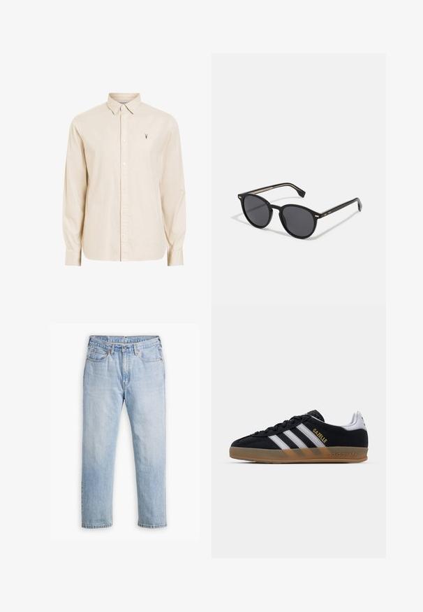 AllSaints HAWTHORNE - Srajca - bailey taupe; Svetlo modri traper hlače z ravnim krojem, pet žepov in kontrastnim šivom. Zaklepanje z gumbom in zadrgo v pasu.; Črne suede teniske z belimi črtami, svetlo rjavim gumijastim podplatom in zlatim logotipom "Gazelle". Klasična nizka zasnova, ki vključuje teksturirano zgornji del.; BOSS Sončna očala - black