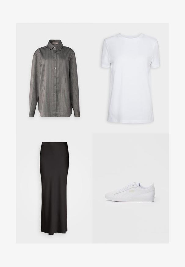 Button-up shirt in a gray fabric with vertical stripes in blue and red. Features a classic collar and long sleeves. Lightweight texture.; White short-sleeve t-shirt made of cotton. Crew neck design with a smooth texture and no visible patterns or accents. Basic style.; Black, floor-length satin skirt with a smooth texture, fitted waistband, and A-line silhouette, featuring no visible embellishments or patterns.; White low-top Puma sneaker with lace-up front, subtle branding on side and sole, and smooth synthetic upper for casual wear.