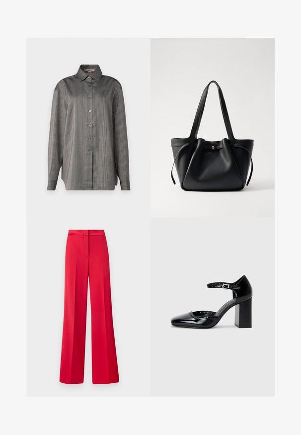 Pilkos spalvos marškinių mygtukų modelis su vertikaliomis mėlynomis ir raudonomis juostelėmis. Su klasikinio stiliaus apykakle ir ilgomis rankovėmis. Lengvas audinys.; Raudoni plačiakojai kelnių su lygiu paviršiumi, plokščiu juosmeniu ir struktūrizuotu dizainu, priekyje turintys klostes ir pritaikytą siluetą.; Juodos lakuotos aukštakulnės bateliai su kvadratine nosimi, kulkšnies dirželiu ir masyviu kulnu. Apima perforuotus detalizavimus aplink kraštą.; Juodas odinis rankinis krepšys su dviem ilgom diržais, surišamu viršumi ir auksiniu apvaliu akcentu. Lygus paviršius su minimalistiniu dizainu.