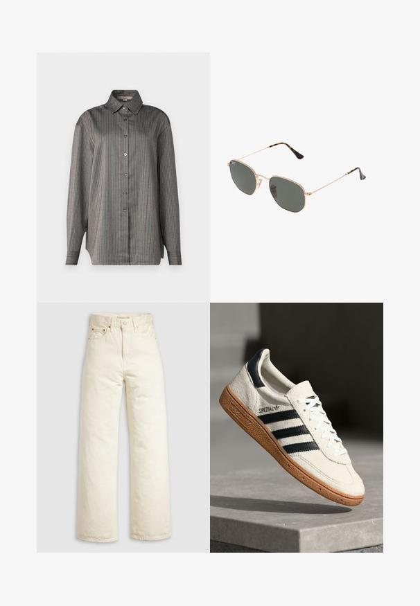 Košeľa na gombíky v sivej látke s vertikálnymi pruhmi v modrej a červenej farbe. Má klasický golier a dlhé rukávy. Ľahká textúra.; Rifle širokého strihu v krémovo-bielej džínsovej látke, s vysokým pásom, medenými nitmi a klasickým päťkapsovým dizajnom. Textúrovaná tkanina s čistými lemami.; Biele semišové tenisky s námorníckymi pruhmi, gumovou podrážkou, textúrovaným zvrškom, okrúhlou špičkou a šnurovaním; obsahujú označenie na boku a jazyku.; Zlaté slnečné okuliare s kovovým rámom a tmavozelenými šošovkami v aviator štýle, s úzkymi ramenami a mramorovými akcentami na koncoch.; Čierna prešívaná taška z umelej kože s reťazovým popruhom, so šesťuholníkovým vzorom a dekoratívnym detailom krídla na prednej strane.