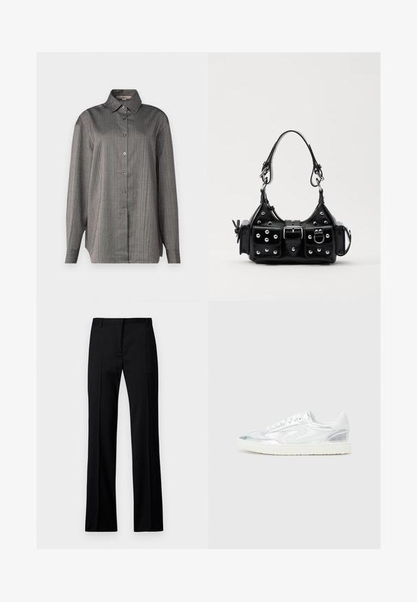 Košulja s dugim rukavima u sivoj tkanini s okomitim prugama u plavoj i crvenoj boji. Ima klasičan ovratnik i laganu teksturu.; Crne ravne hlače od glatke tkanine, s ravnim prednjim dijelom, petljama za remen i bez vidljivih džepova ili ukrasa.; Bijele tenisice s metalik srebrnim detaljima, glatke teksture, okruglog vrha, ravnog đona i klasičnim vezanjem.; Crna kožna torba s zakrivljenim dizajnom, koja sadrži srebrne zakovice, kopču i dva bočna džepa. Podesiva traka za različite opcije nošenja.