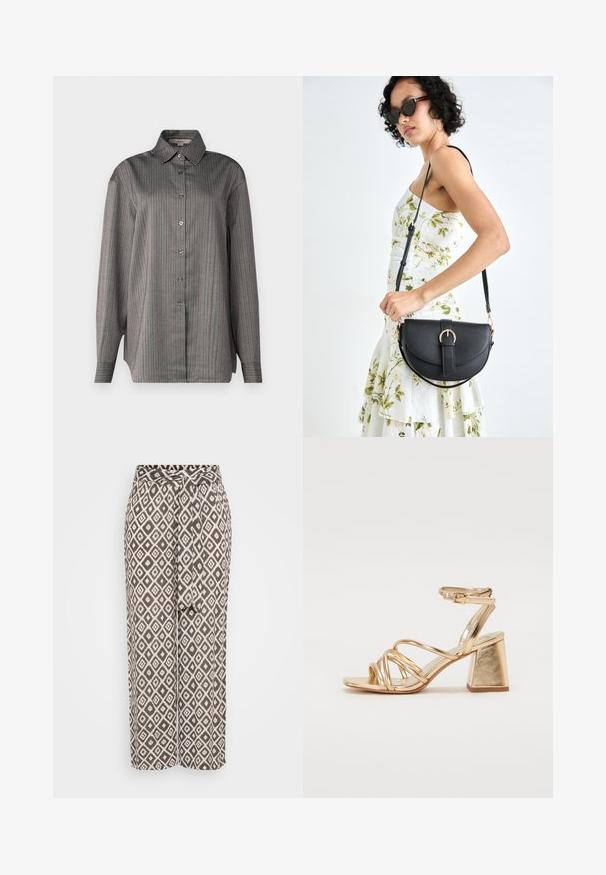 Overhemd met knoopsluiting in een grijze stof met verticale strepen in blauw en rood. Heeft een klassieke kraag en lange mouwen. Lichte textuur.; Bruine broek met een geometrisch ruitpatroon in wit, met een gestrikt tailleband en wijde pijpen. Zachte stoftextuur.; Gouden metallic gestileerde sandaaltjes met hoge hakken, voorzien van een straps ontwerp, vierkante blokhak en een verstelbare enkelband met een gesp. Gladde textuur.; Zwarte leren handtas met een gebogen vorm, afneembare schouderband en gouden hardware. De tas heeft een klep met een gespsluiting.; Gouden metalen oorbel met een slank, gebogen ontwerp. Beschikt over een kenmerkende puntige vorm, gepolijste oppervlakte en scharnier sluiting.