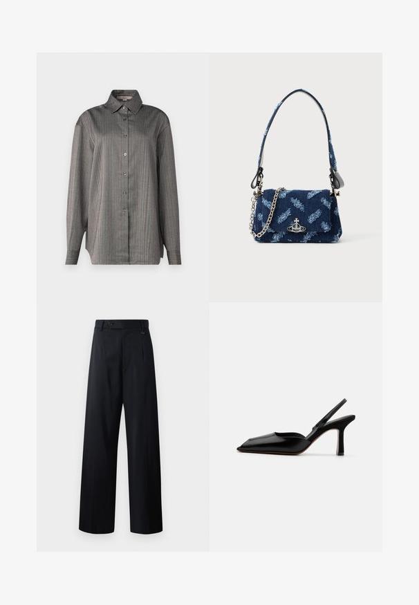 Button-up shirt in a gray fabric with vertical stripes in blue and red. Features a classic collar and long sleeves. Lightweight texture.; Wide-leg trousers in dark navy, featuring a button closure, front pleats, and smooth fabric with a clean, tailored design.; Black leather slingback heel with a pointed toe, minimalist design, thin ankle strap, and a sleek stiletto heel. Smooth texture.; Navy blue fabric handbag with a textured design, silver hardware, and a detachable chain strap. Features a flap closure and logo accent.