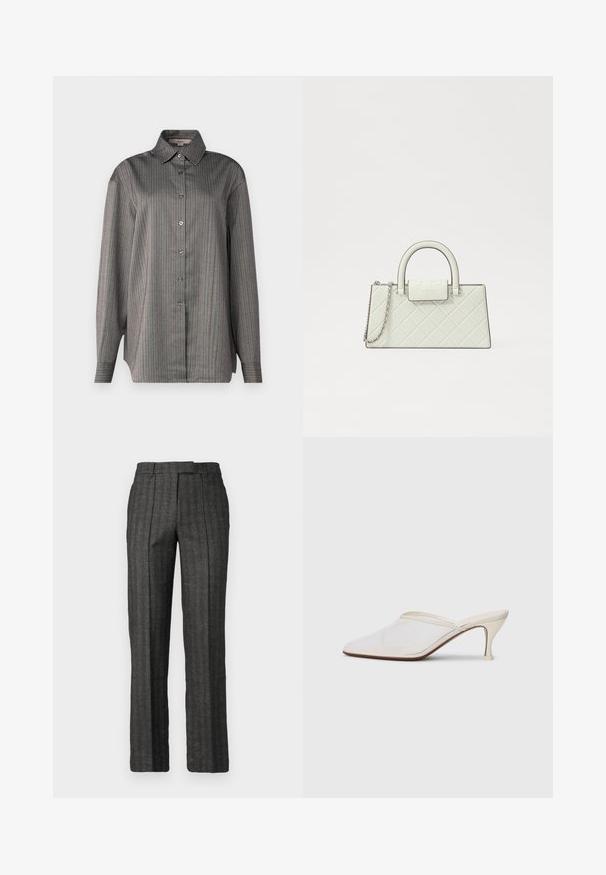 Košeľa na gombíky v sivej látke s vertikálnymi pruhmi v modrej a červenej farbe. Má klasický golier a dlhé rukávy. Ľahká textúra.; Šedé stručno strihané nohavice s vertikálnymi prúžkami, plochým predným dielom a pútkami na opasok; vyrobené z textúrovanej látky, s rovný strihom nohavíc.; Biele sieťované lodičky s špicatou špičkou, s úzkym stredne vysokým podpätkom a bez zapínania, na jednobodovom pozadí.; Prešívaná biela kabelka so štruktúrovaným dizajnom, hornou rúčkou, odnímateľným reťazovým popruhom a vystúpeným logom na zapínaní.