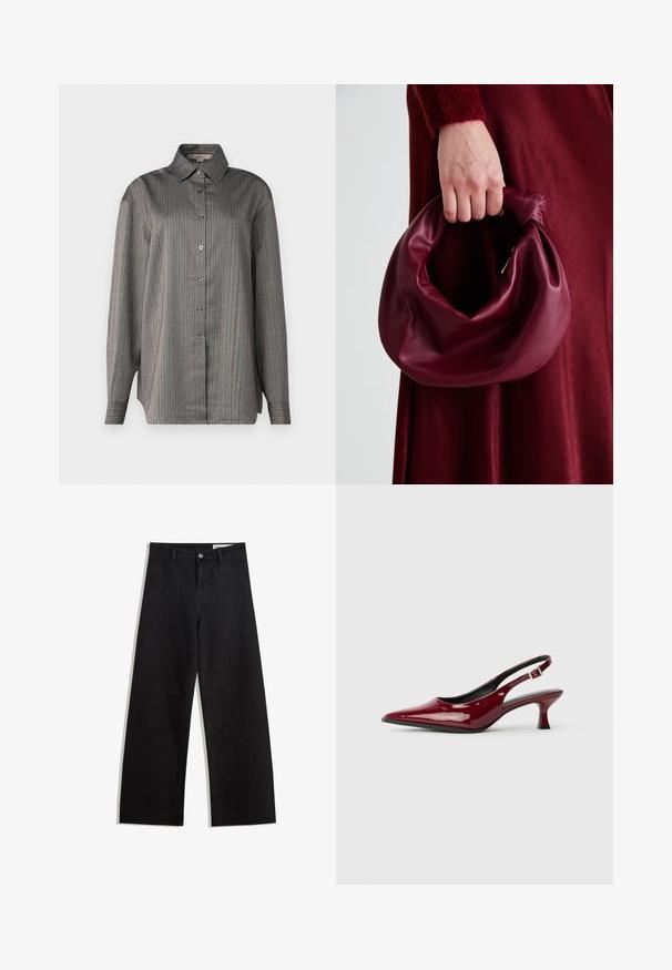 Gombos ing szürke anyagból, kék és piros függőleges csíkozással. Klasszikus gallérral és hosszú ujjal rendelkezik. Könnyű tapintású.; Fekete, bő szabású farmernadrág magas derékkal, elülső és hátsó zsebekkel, varrott felületekkel és gombos záródással. Sima textúra.; Burgundi színű, lakkbőr, hátsó pántos magassarkú cipők, hegyes orral és elegáns tűsarkakkal. Nyitott hátsó dizájn, állítható bokapánttal.; Burgundi bőrtáska puhán ráncolt dizájnnal és kerek alakban. A fogantyú rögzítve van, sima textúrával rendelkezik.
