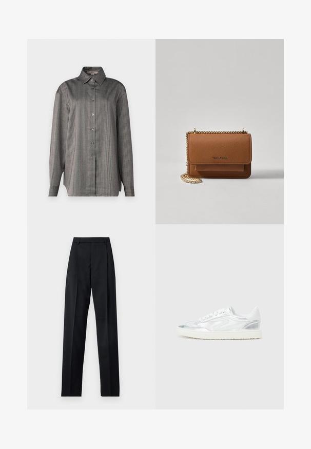 Napapaita sinäsuoralla harmaalla kankaalla, jossa on pystysuoria sinisiä ja punaisia raitoja. Ominaisuuksina klassinen kaulus ja pitkät hihat. Kevyt rakenne.; Musta housut, jotka on valmistettu sileästä kankaasta ja joissa on korkea vyötärö, leveät lahkeet, etukaarteet ja klassiset vyölenkit. Ei näkyviä sivutaskuja.; Valkoiset lenkkarit, joissa on metallinhohtoiset hopea-yksityiskohdat, sileä pinta, pyöristetty kärki, litteä pohja ja perinteinen nauhakiinnitys.; Ruskean teksturoidun nahkasta valmistettu crossbody-laukku, jossa on kultaketjuhihna ja läppäkiinnitys. Edessä on logodetail ja tasku läppäisen alla.