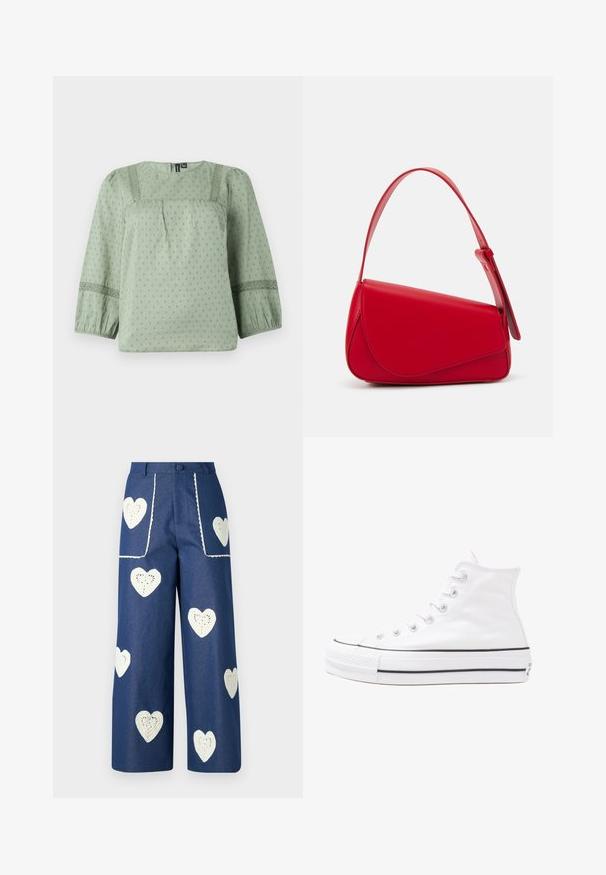 Világoszöld blúz, puha anyagból, textúrált mintával, kerek nyakkivágással és háromnegyedes, lufiformájú ujjakkal, csipke részletekkel.; Sister Jane HEART TO HEART - Egyenes szárú farmer - blue denim; Fehér magaskorsó vászon sportcipő fekete gumi talppal, elülső gumi orrnyereggel és hat fűzőlyukkal, letisztult, minimalista dizájnnal.; Piros bőr kézitáska szögletes, geometrikus kialakítással. Egy állítható pánttal és varrott részletekkel ellátott fedélzárral rendelkezik.