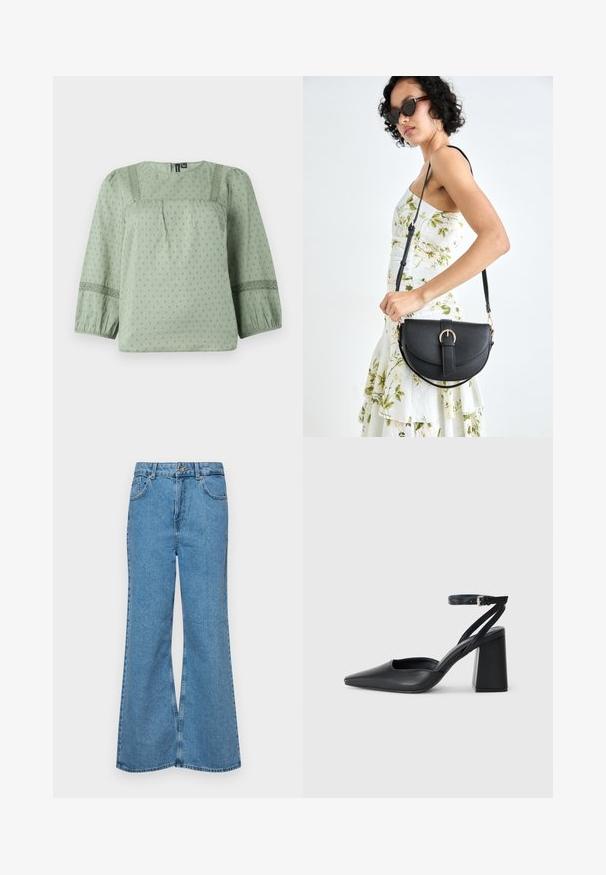 Light green blouse made of soft fabric, featuring a textured pattern, round neckline, and three-quarter balloon sleeves with lace accents.; Light blue flared jeans made of denim, featuring a high waist, five pockets, and a single button closure. Soft texture with faded finish.; Black leather pointy-toe pump with an ankle strap and a chunky heel. Flat texture, sleek design, and minimalistic aesthetics.; Black leather handbag with a curved shape, detachable strap, and gold hardware. The bag features a flap with a buckle detail.