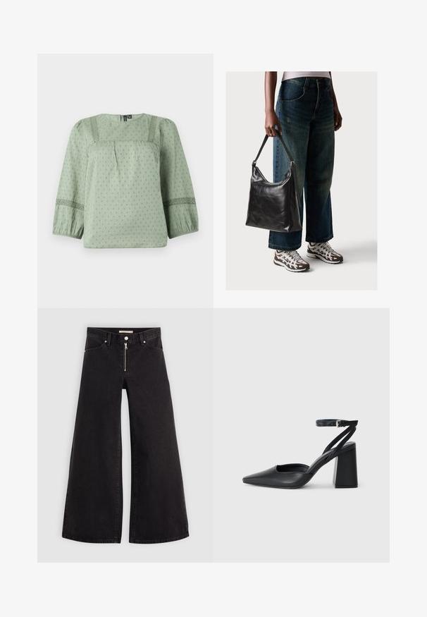 Blusa verde clara feita de tecido suave, com um padrão texturizado, decote redondo e mangas balão três quartos com acabamentos em renda.; Calças de ganga de perna larga em denim preto com fecho éclair à frente, design de cinco bolsos e detalhes de costura subtil. Textura suave e estilo casual.; Sandal com biqueira afilada em couro preto, com cinta no tornozelo e salto grosso. Textura lisa, design elegante e estética minimalista.; Bolsa de ombro em couro preto com textura suave e alça ajustável, combinada com jeans de perna larga desbotados e ténis desportivos.