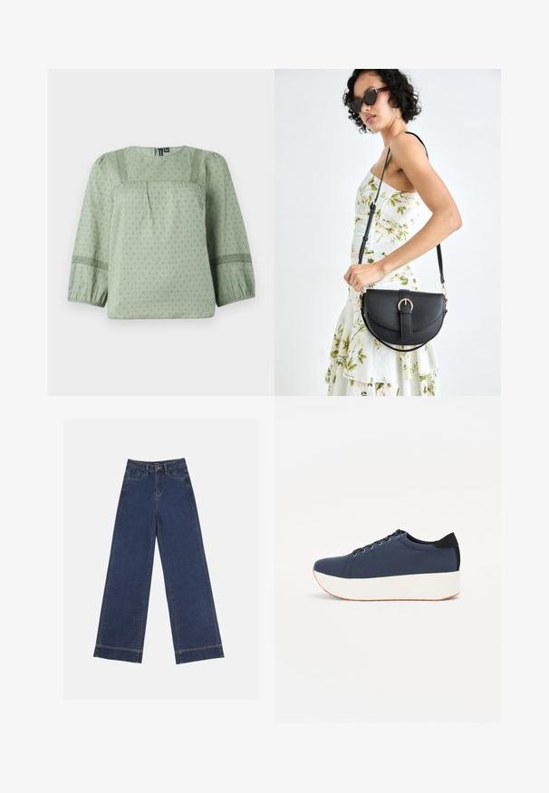 Jasnozielona bluzka wykonana z miękkiego materiału, z teksturowanym wzorem, okrągłym dekoltem i trzema ćwiartkami balonowymi rękawami z koronkowymi akcentami.; Jeans o szerokich nogawkach w ciemnoniebieskim dżinsie. Posiada pięć kieszeni, szlufki na pasek oraz surowy dół z widocznymi detalami szwów.; Granatowe trampki z teksturowanej tkaniny, biała platforma, okrągły nosek i czarny akcent na pięcie. Posiadają sześć oczek na sznurówki.; Czarna skórzana torebka o zakrzywionym kształcie, z odpinanym paskiem i złotymi akcentami. Torebka posiada klapę z zapięciem w kształcie klamry.