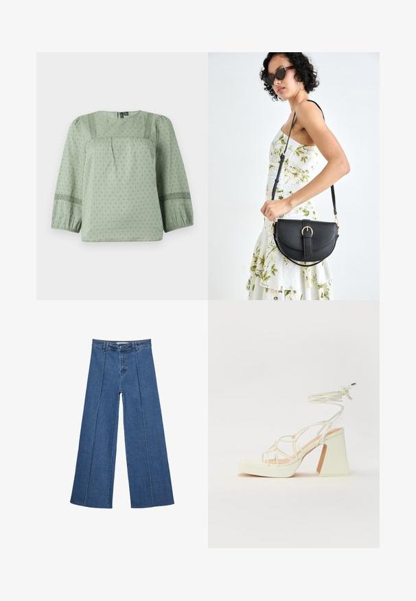 Svijetlozelena bluzica od mekanog materijala, s teksturiranim uzorkom, okruglim izrezom i rukavima do tri četvrtine s balon oblikom i čipkastim detaljima.; Široke traperice u srednje plavoj boji, s visokim strukom, zatvaranjem na dugme i kontrastnim vertikalnim šavovima duž prednje strane.; Bijela sandala na visokoj potpetici s debelim petom, s remenom i vezanjem oko gležnja. Glatka tekstura s platformom sprijeda za dodatnu visinu.; Crna kožna torba s lukovitim oblikom, odvojivim remenom i zlatnim detaljima. Torba ima preklop s kopčom.
