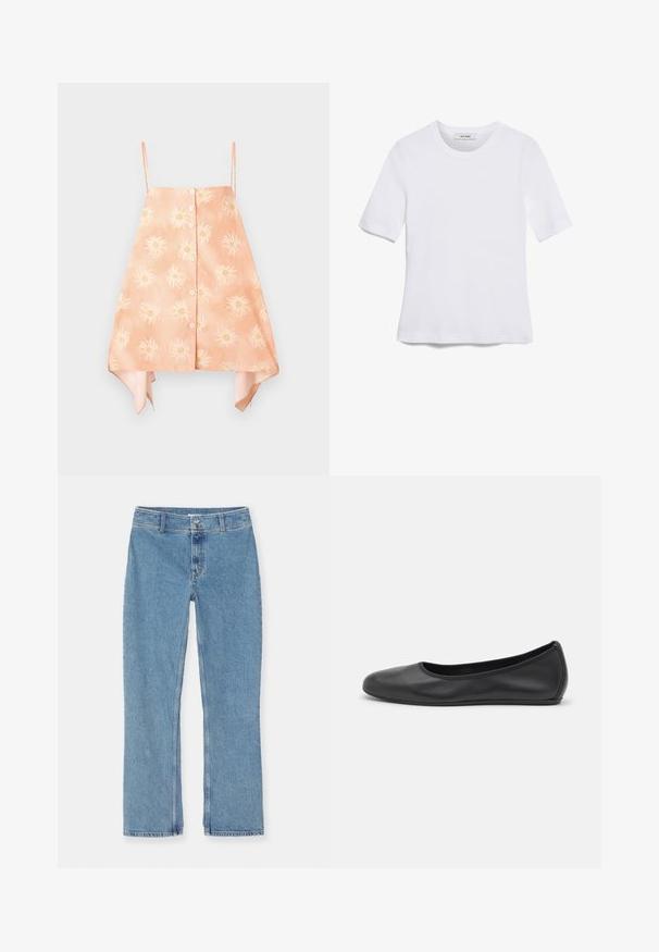 Haut sans manches de couleur pêche avec un devant à boutons, présentant un motif de soleil floral et un ourlet arrondi avec des accents de couleur contrastée.; T-shirt blanc à manches courtes en tissu côtelé. Col rond, coupe régulière et détails de couture subtils. Aucune motif ni graphique.; Jean en denim bleu clair à jambe droite avec fermeture à bouton et à fermeture éclair, passants de ceinture et couture standard sur fond blanc.; Ballerines en cuir noir avec un bout rond, texture lisse, détails de couture minimalistes et design de semelle flexible.