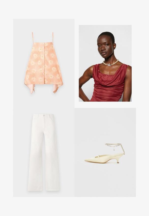 Haut sans manches de couleur pêche avec un devant à boutons, présentant un motif de soleil floral et un ourlet arrondi avec des accents de couleur contrastée.; Jean large blanc taille haute en denim. Se ferme par un bouton, dispose de deux poches avant et de coutures détaillées sur les côtés.; Chaussure slingback jaune en satin à bout pointu, avec un talon bas et une bride de cheville décorative ornée de chaînes et de strass. Texture lisse, design minimal.; Robe rouge profond à col bénitier, avec une texture lisse. Présente un collier de perles avec un accent en argent décoratif au centre.