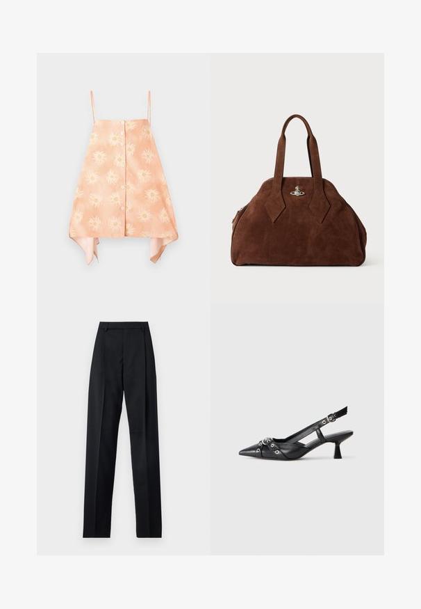 Majica bez rukava u boji breskve s dugmadi sprijeda, s cvjetnim uzorkom sunca i zakrivljenim rubom s kontrastnim bojama.; Crne hlače od glatkog materijala s visokim strukom, širokim nogavicama, prednjim pregibima i klasičnim petljama za remen. Nema vidljivih bočnih džepova.; Crne kožne cipele s remenom oko pete, s izduženim vrhom, dekorativnim trakama s metalnim rupama i niskom blok petom. Teksturirana površina.; Smeđi nubuk torbica sa strukturiranim oblikom, zaobljenim tijelom i izduženim dijamantnim ručkama. Sadrži zatvaranje od srebrnog hardvera.
