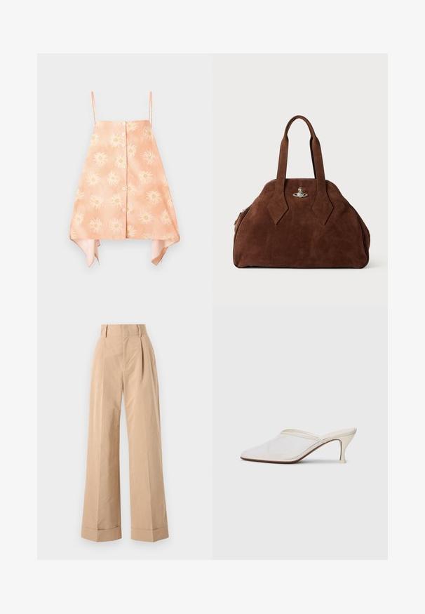 Top fără mâneci de culoare piersici, cu o închidere frontală cu butoane, având un model floral cu soare și un tiv curbat cu accente de culoare contrastantă.; Pantaloni beige cu talie înaltă și pantaloni largi, cu pliseuri și o textură netedă. Manșetele sunt pliate, adăugând un detaliu structurat.; Mule alb cu plasă, cu vârf ascuțit, toc subțire de înălțime medie și design slip-on, pe un fundal simplu.; Geantă din suede maro, cu o formă structurată, un corp rotund și mânere lungi în formă de diamant. Dispune de o închidere din metal argintiu.