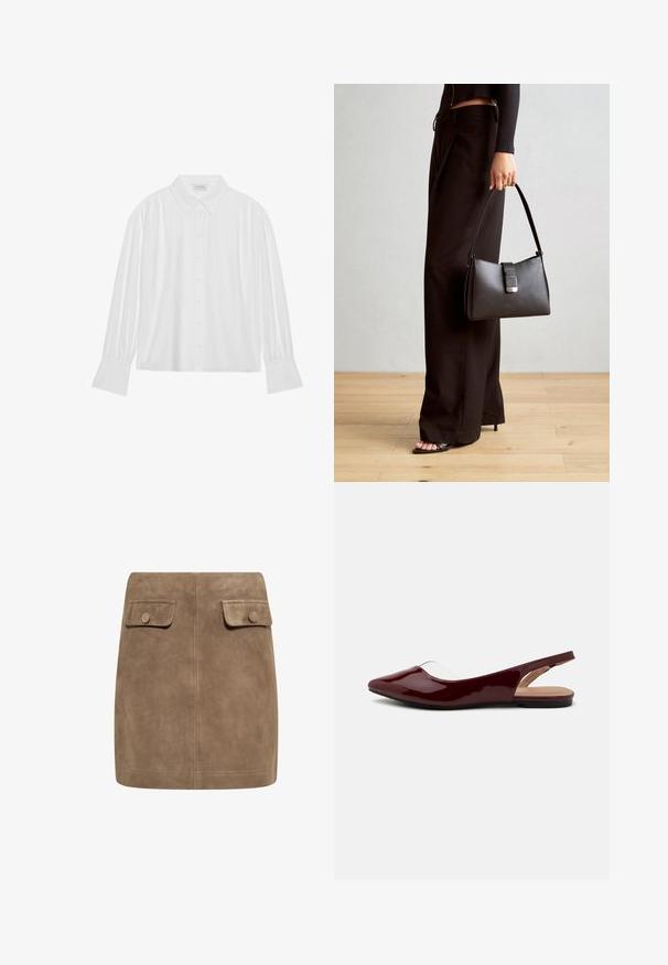 Balds ar garām piedurknēm ar apkakles apkakli, pogu priekšpusi un plisēšanas detaļām uz pleciem un piedurknēm. Gluda auduma tekstūra.; Brūns zamšs mini svārki ar gludu tekstūru, ieguvuši divas priekšējās kabatas ar vāciņiem un pogu aizdare katrā pusē. Vienkāršs, taisns dizains.; Burgundijas laku siksniņu plakanās kurpes ar norādītu purngalu, caurspīdīgu izgriezumu un plakanu melnu zoli. Gluda tekstūra, minimālisma dizains.; Melnā somiņa ar strukturētu formu, gludu tekstūru un metālu sprādzi. Saskaņota ar platām melnām biksēm un sandālēm ar atvērtu purngalu uz koka grīdas.