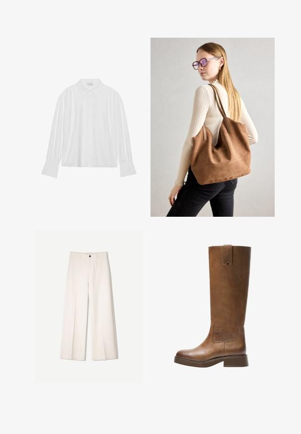 Weiße Bluse mit langen Ärmeln, Kragen, Knopfverschluss und Faltendetails an den Schultern und Ärmeln. Glatter Stoff.; Cremfarbene weitem Hosen mit maßgeschneidertem Design, ausgestattet mit zwei vorderen Taschen und einem vorderen Knopfverschluss, aus glattem Stoff gefertigt.; Braunes Leder-Knöchelhochstiefel mit abgerundetem Zeh, strukturiertem Obermaterial und niedrigem, gestapeltem Absatz. Verfügt über ein seitliches Einsätzen und eine Ziehschlaufe an der Oberseite.; Braune Wildleder-Tasche mit weicher Textur, großer Öffnung und langen Trägern. Sie verfügt über ein simples Design mit sichtbarem Stich und ohne Beschläge.