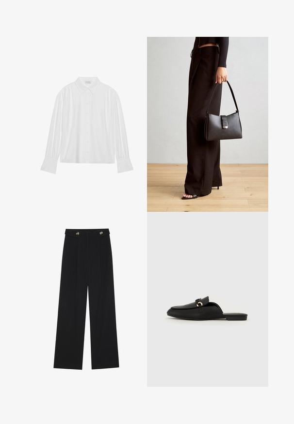 White long-sleeve blouse with a collared neckline, button front, and pleated detailing at the shoulders and sleeves. Smooth fabric texture.; Black wide-leg trousers with high waist, button details on waistband, and front pleats.; Black slip-on shoe made of smooth leather. Features a rounded toe, a decorative woven strap, and a small gold accent. Flat sole.; Black handbag with structured shape, smooth texture, and a metallic clasp. Paired with wide black pants and open-toe sandals on wooden floor.