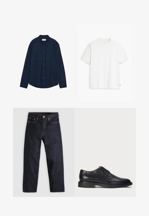 Merinvihreä ruudullinen nappipaitapusero, pyöristetty helma, pitkät hihat ja kaulus. Kaksitoista nappia kiinnityksessä. Pehmeä kangas.; Valkoinen puuvillapaita, jossa on lyhyet hihat, pyöreä pääntie ja hienovarainen Levi's-logo painettuna keskelle. Pehmeä kangas ja normaali istuvuus.; Tummansinisiä farkkuja, joissa on suora leikkaus, viisi taskua, kontrastiväriset oranssit tikkaukset ja napitus. Ei näkyviä kuvioita tai koristeita.; Musta nahkakenkä, jossa on pyöreä varvas, nauhakiinnitys ja matala tukipohja. Tasainen pinta, jossa on minimaalinen ommeltu yksityiskohta.