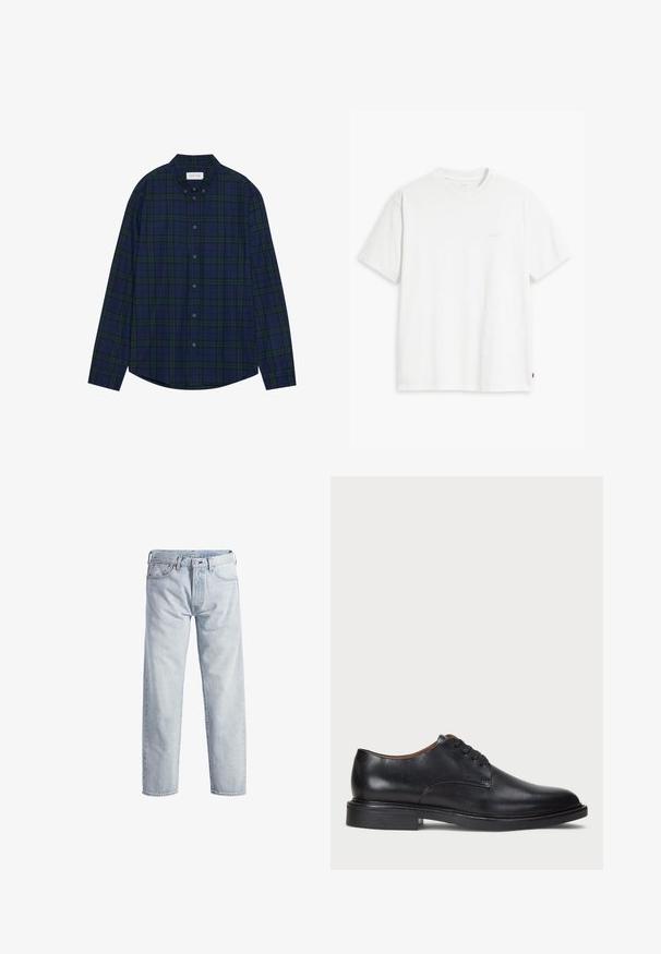 Camisa de botão em padrão xadrez azul marinho e verde, com hemline arredondada, mangas longas e gola. Apresenta doze fechos de botão. Tecido de textura suave.; T-shirt de algodão branco com mangas curtas, decote redondo e logo discreto da Levi's impresso no centro. Tecido macio e ajuste padrão.; Jeans de ganga azul claro com um design de perna reta, fecho de botão, cinco bolsos e uma textura de desvanecimento subtil. Apresenta detalhes em metal.; Sapato de vestido em couro preto com bico redondo, design com atacadores e um salto baixo empilhado. Textura suave com detalhes de costura mínimos.