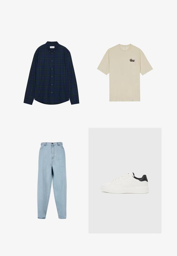 Mornarsko modra in zelena karo srajca z gumbki, okroglim robom, dolgimi rokavi in ovratnikom. Ima dvanajst gumbov za zapiranje. Mehka tekstura tkanine.; Bež majica iz bombaža s kratkimi rokavi, okroglo ovratnico in črnim grafičnim natisom, na katerem je na sprednji strani napisano "RIM".; Svijetloplave traperice visokog struka s opuštenim krojem. Imaju prednju dugmad, zatvarač i dizajn s pet džepova. Blago izblijedjela tekstura tkanine.; Beli usnjeni superge z embosiranim vzorcem, teksturiranimi belimi srednjimi podplati in črnim poudarkom na peti. Imajo zaobljen nos in ravne vezalke.