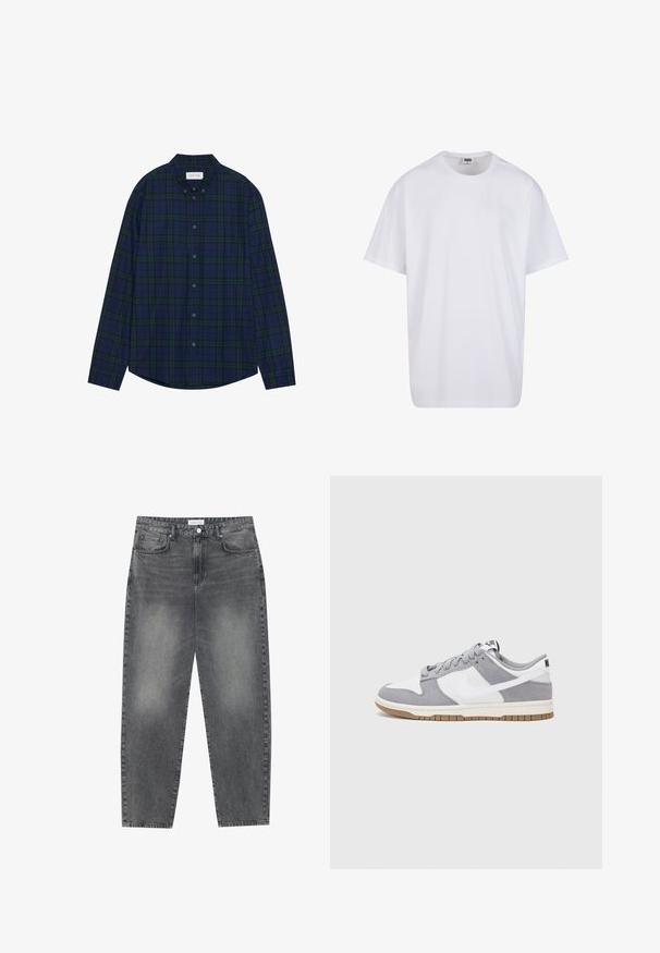 Camisa de cuadros en tonos azul marino y verde, con dobladillo redondeado, mangas largas y cuello. Cuenta con doce botones en el cierre. Textura de tela suave.; Camiseta blanca de algodón con mangas cortas, cuello redondo, corte relajado y sin logotipos ni patrones visibles. Textura suave y diseño minimalista.; Jeans de cintura alta y corte holgado en denim negro desgastado. Con cinco bolsillos, pasadores para el cinturón y un diseño de pierna recta y limpia.; Zapatilla gris y blanca con parte superior de ante y cuero, puntera redondeada, cordones planos y suela de goma con un acento de goma.