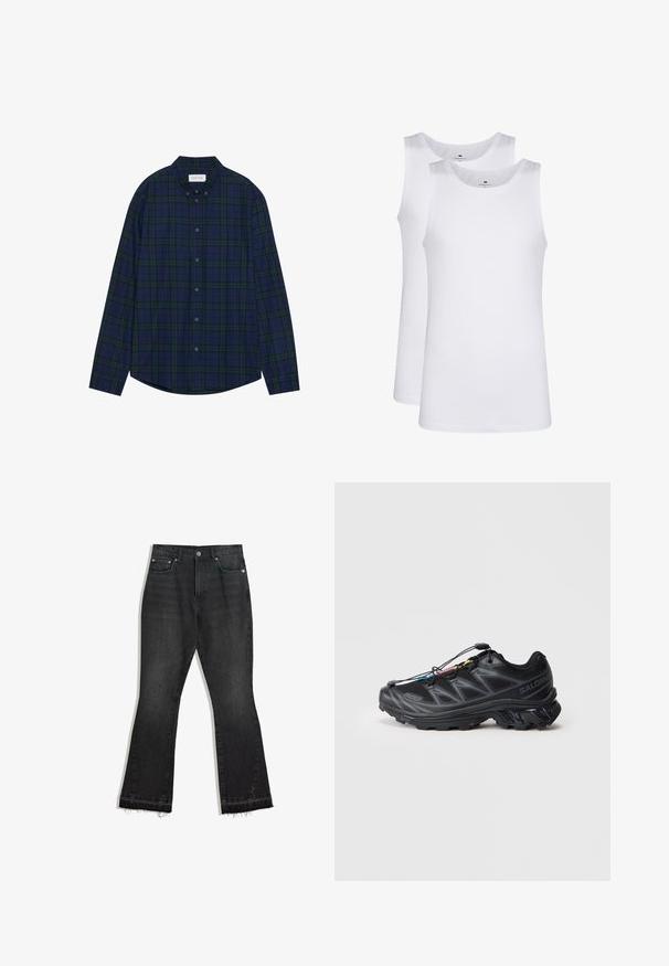 Koszula z guzikami w kratę w kolorze granatowym i zielonym, z zaokrąglonym dołem, długimi rękawami i kołnierzykiem. Posiada dwanaście guzików. Miękka struktura materiału.; Białe bawełniane topy na ramiączkach, bez rękawów, okrągły dekolt, gładka faktura, wykonane z miękkiej, lekkiej tkaniny. Wyeksponowane dwa egzemplarze.; Czarne dżinsy z rozszerzanymi nogawkami i postrzępionym dołem, pięć kieszeni, z zapięciem na guzik. Gładka struktura, materiał o średniej wadze.; Czarny but sportowy z teksturowaną górą z siateczki, wzmocnionym czubkiem i systemem szybkiego sznurowania. Posiada wytrzymałą podeszwę zewnętrzną oraz lekkie podniesienie pięty.