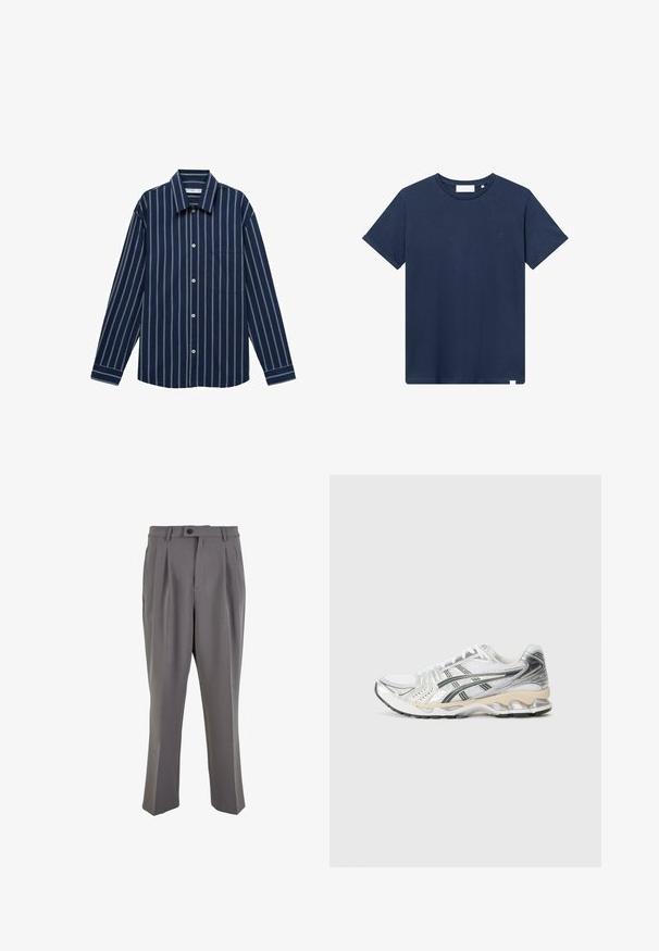 Temno modra srajca z dolgimi rokavi, z belimi vertikalnimi črtami, z gumbi spredaj in enim žepom na prsih. Iz gladkega materiala.; Temno modra bombažna majica s krožnim ovratnikom, kratkimi rokavi in majhnim vezenim logotipom na levem prsnem delu. Gladka tekstura.; Sive plisirane hlače iz gladkega materiala, s pravim krojem, enim gumbom za zapiranje in zankami za pas. Minimalističen dizajn.; Bela atletska obuća s srebrnimi in črnimiDetajli, mrežast zgornji del, teksturiran dizajn, oblazinjen podplat in prilagodljiv profil profila.