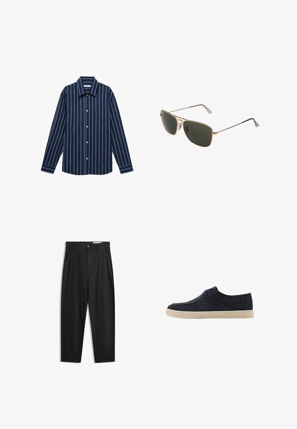 Tummansininen pitkähihaine paita, jossa on valkoiset pystysuorat raidat, napitettava etuosa ja yksi rintatasku. Valmistettu sileästä kankaasta.; Mustat puuvillahousut rentoa mallia, joissa on klassinen vyötärö, etukangastukset ja sivutaskut. Sileä pinta ilman kuvioita.; Navy suede kengät, joissa on pyöreä kärki, kaksi rei'itystä nauhoille ja kermansävyinen kumipohja. Sileä pinta ja minimalistinen muotoilu.; Kultaiset metalliset pilottilasit, joissa on suuret tummanvihreät linssit, ohuella kehyksellä ja läpinäkyvillä nenätyynyillä mukavuuden lisäämiseksi.