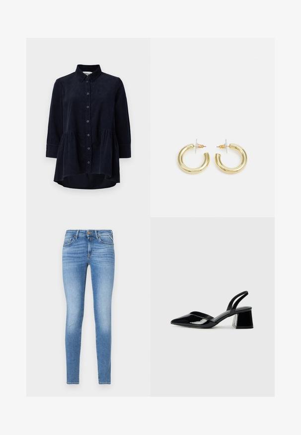 Navy corduroy shirt with a button-up front, collar, and three-quarter sleeves. Features a peplum-style gathered hem and soft texture.; Slim-fit light blue denim jeans with mid-rise waist, front button, and five-pocket design.; Black patent leather slingback heels with a pointed toe and a geometric block heel. Features a sleek, minimal design and smooth texture.; Gold hoop earrings with a smooth, shiny finish. Circular design featuring a small post and clear backing for secure wear.