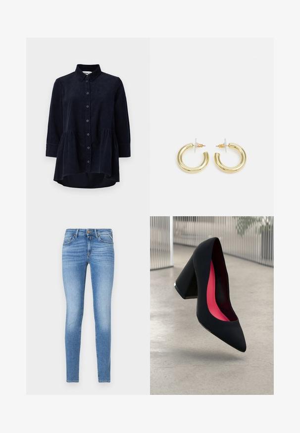 Camisa de veludo cotelê azul-marinho com frente abotoada, colarinho e mangas a três quartos. Apresenta uma bainha com estilo peplum e uma textura suave.; Jeans de ganga azul claro, slim-fit, com cintura média, botão frontal e design de cinco bolsos.; Sapato de salto alto preto com bico puntiagudo, superfície texturizada e um interior vibrante em rosa. Apresenta um salto grosso com detalhe em prata.; Brincos em argola dourados com um acabamento liso e brilhante. Design circular com um pequeno pino e suporte transparente para um uso seguro.