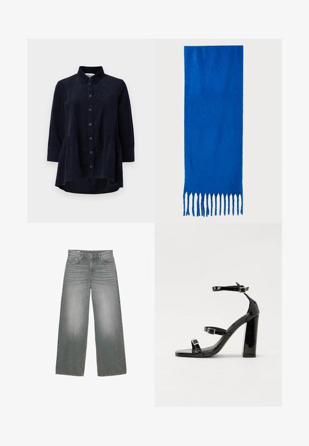 Cămașă din catifea cord cu culoarea marină, cu închidere butonată, guler și mâneci trei sferturi. Prezintă un tiv de tip peplum, strâns și o textură moale.; Jeans din denim gri, cu picioare largi, care prezintă o textură ușor decolorată, design cu cinci buzunare și închidere clasică cu nasture și fermoar.; Sandale negre din piele lacuită, cu toc înalt, două curele cu catarame, vârf pătrat și toc gros, având o textură netedă și lucioasă.; Fular albastru cu ciucuri realizat dintr-un material moale; are o culoare solidă cu o suprafață texturată și ciucuri tăiați uniform în partea de jos.; Geantă din piele neagră, cu o formă curbată, curea detașabilă și accesorii aurii. Geanta are un capac cu un detaliu tip cataramă.