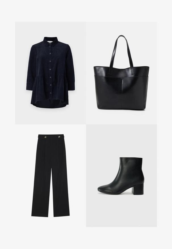 Camicia di cotone a coste blu navy con chiusura frontale a bottoni, colletto e maniche a tre quarti. Presenta un orlo arricciato in stile peplum e una texture morbida.; Pantaloni neri a gamba larga con vita alta, dettagli con bottoni in vita e pieghe frontali.; Stivali neri in pelle fino alla caviglia con punta appuntita e tacco spesso. Texture liscia con minimi dettagli e un design elegante e aderente.; Borsa a tracolla in pelle nera con due manici lunghi, una texture liscia e una forma strutturata. Presenta una tasca frontale per ulteriore spazio di archiviazione.