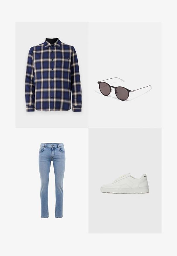 Blå og hvit rutete langermet skjorte med knapping foran, krage og svarte detaljer på mansjettene og nakken. Har standard knapper.; Lyseblå denimjeans med slim fit, fem lommer og rett bendesign. Har glidelås og beltehemper. Myk tekstur.; Hvite lærersneakers med en jevn overflate, rund tå, flate lisser og en teksturert såle. Har en subtil logo på hælen.; Sorte, runde solbriller med mørke linser og slanke metalarmer. Inkluderer klare temple tips og sølvfargede detaljer ved hengslet. Minimalistisk design.
