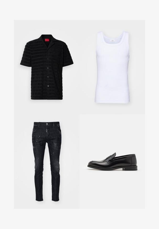 Schwarzes Kurzarmhemd aus strukturiertem Stoff, mit einem dezenten Streifenmuster, Fronttasche und einem roten Markenetikett.; Weißes Baumwoll-Top ohne Ärmel mit rundem Ausschnitt, ausgestattet mit einer glatten Textur und einer figurbetonten Form, ideal für die Freizeit.; Schwarze Denim-Jeans mit schmaler Passform, versehen mit einem abgenutzten Finish, Spritzmuster und Fronttaschen. Markenkennzeichnung ist vorne sichtbar.; Schwarze Lederloafers mit glatter Textur, rundem Zehenbereich und einem dekorativen Riemen über dem Vorderfuß. Niedriger, gestapelter Absatz, minimalistisches Design.